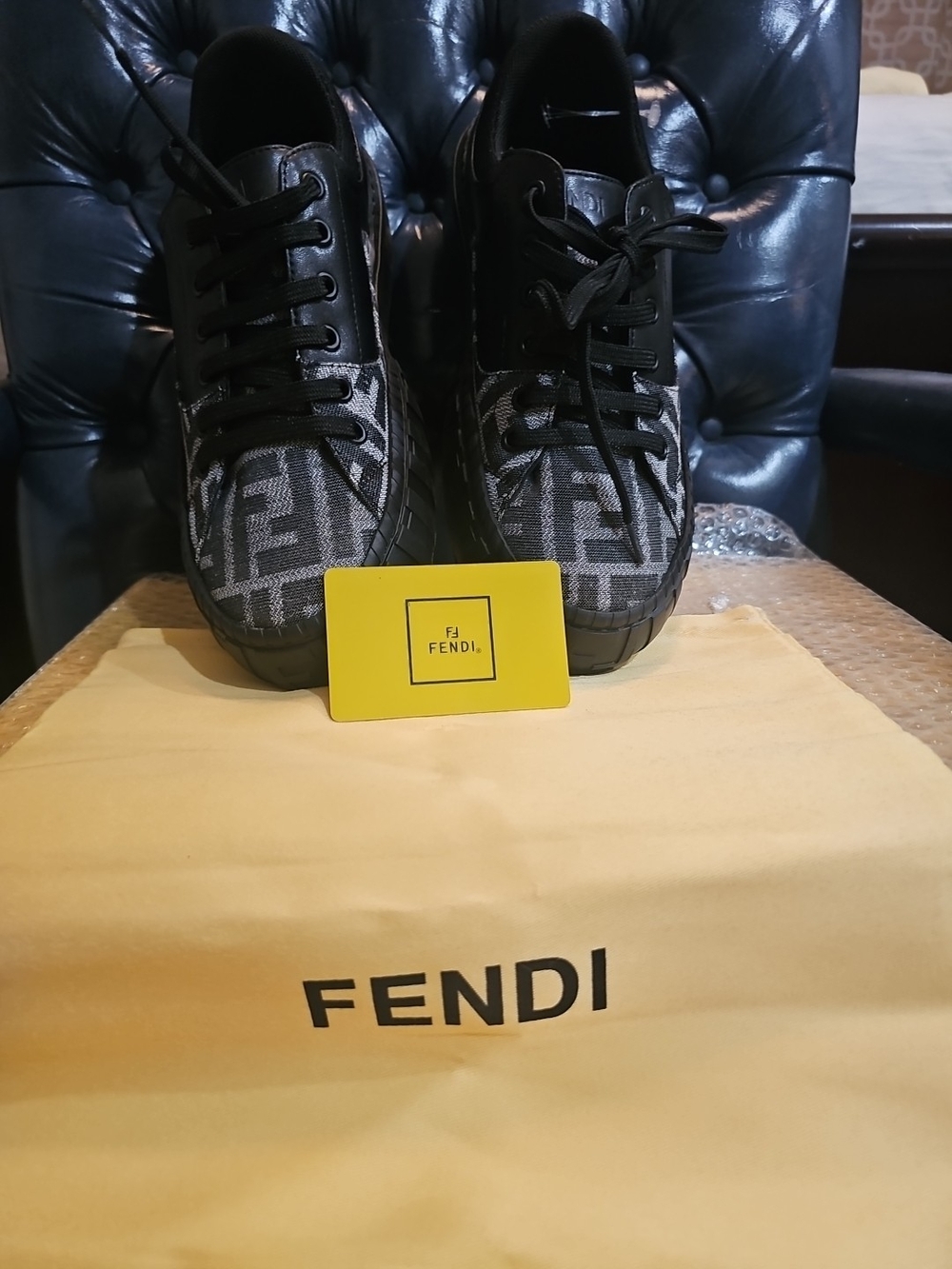 NWOB Fendi Force Black FF Jacquard & Leather Sneakers - Size 42 - w/ Dust Bag